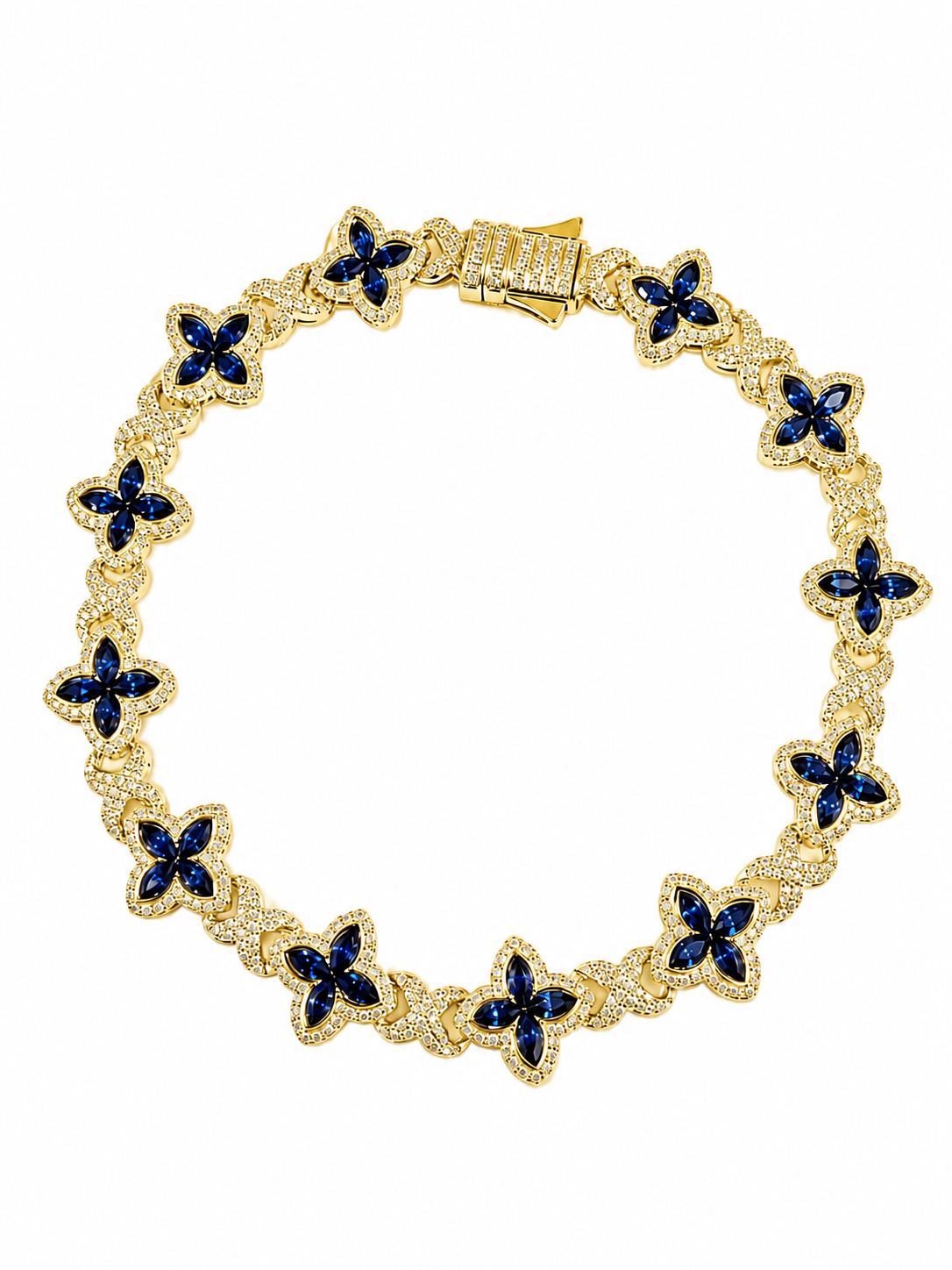 14K White Gold Blue Sapphire & Natural Diamond Clover Bracelet 7.68 CTW VS G