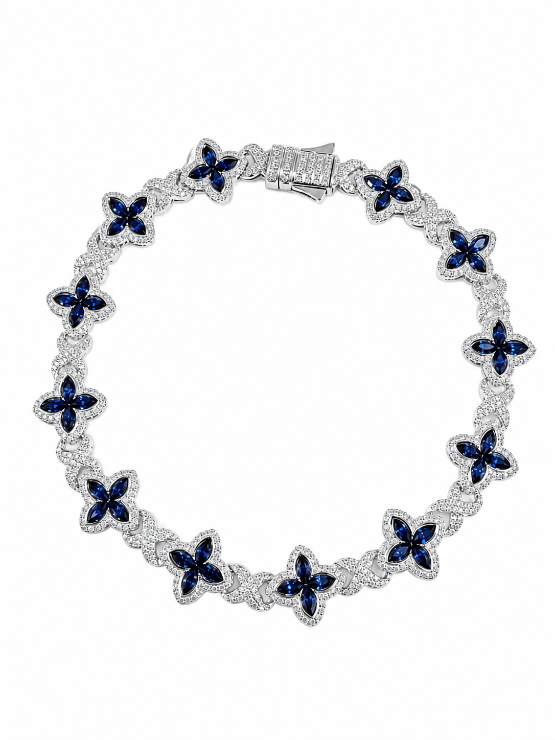 14K White Gold Blue Sapphire & Natural Diamond Clover Bracelet 7.68 CTW VS G