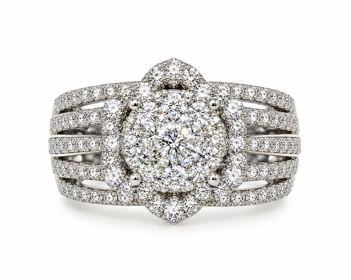 1.93 CT 14K Gold Natural Diamond Multi-Row Halo Engagement Ring