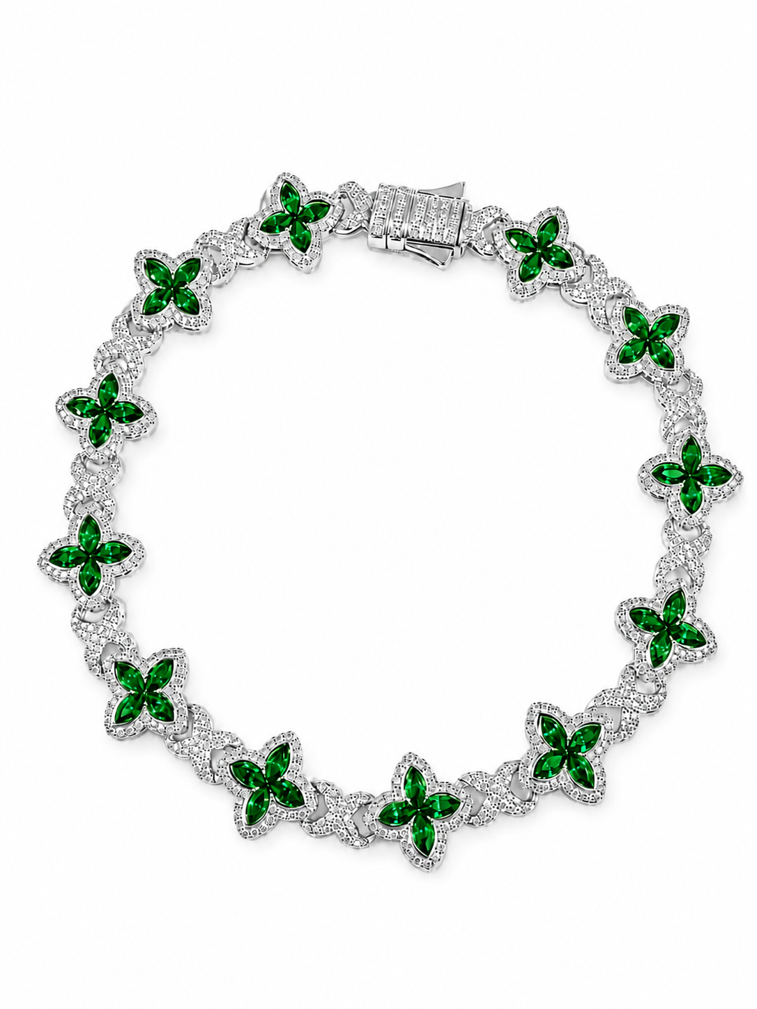 14K White Gold Emerald & Natural Diamond Clover Bracelet 5.95 CTW VS G