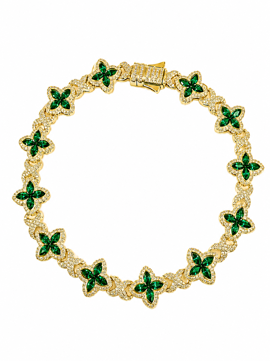 14K White Gold Emerald & Natural Diamond Clover Bracelet 5.95 CTW VS G